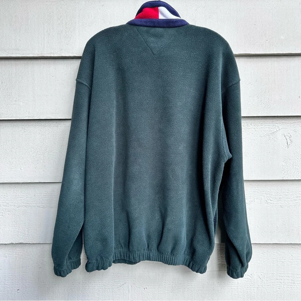 Vintage Tommy Hilfiger Pullover Fleece Hunter Green Big Flag 1/4 Zip Size Large